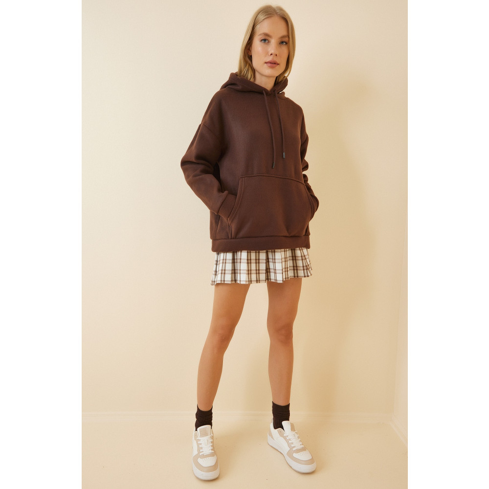 Happiness İstanbul Kadın Kahverengi Kapüşonlu Kışlık Polar Sweatshirt 38 Beden Bayan Sweatshirt Fiyatı