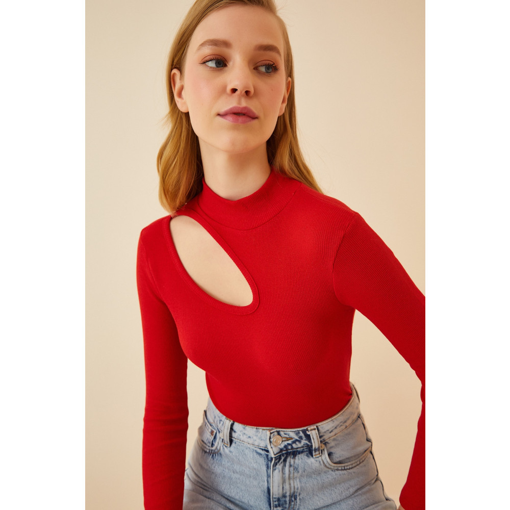 Happiness İstanbul Kadın Kırmızı Cut Out Detaylı Fitilli Örme Bluz S/M Beden Bluz Fiyatı