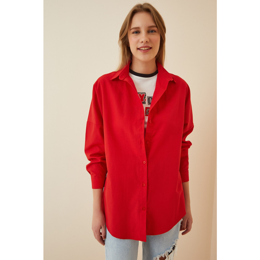 Happiness İstanbul Kadın Kırmızı Oversize Uzun Basic Gömlek 40 Beden Kadın Gömlek Fiyatı