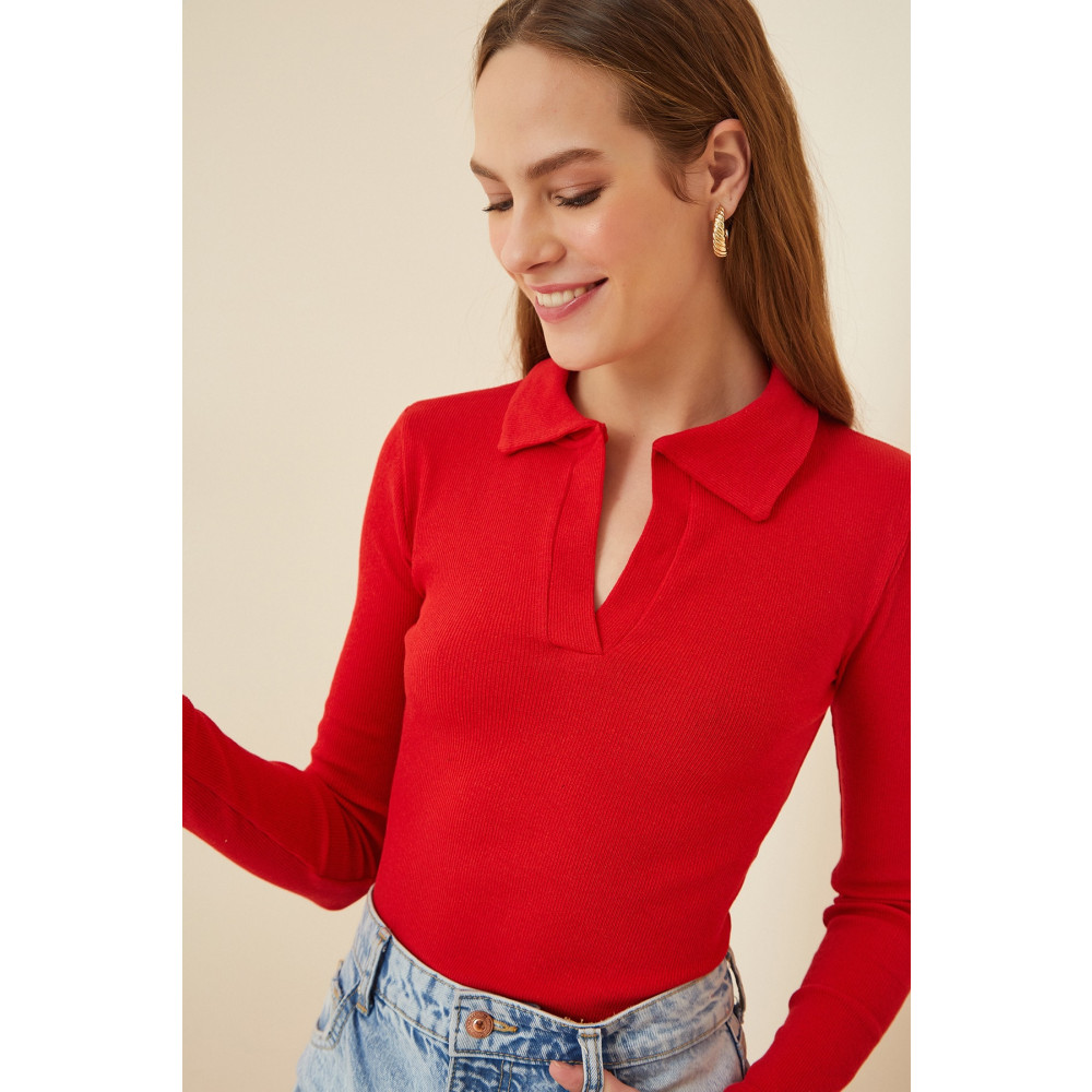 Happiness İstanbul Kadın Kırmızı Polo Yaka Fitilli Örme Bluz S/M Beden Bluz Fiyatı