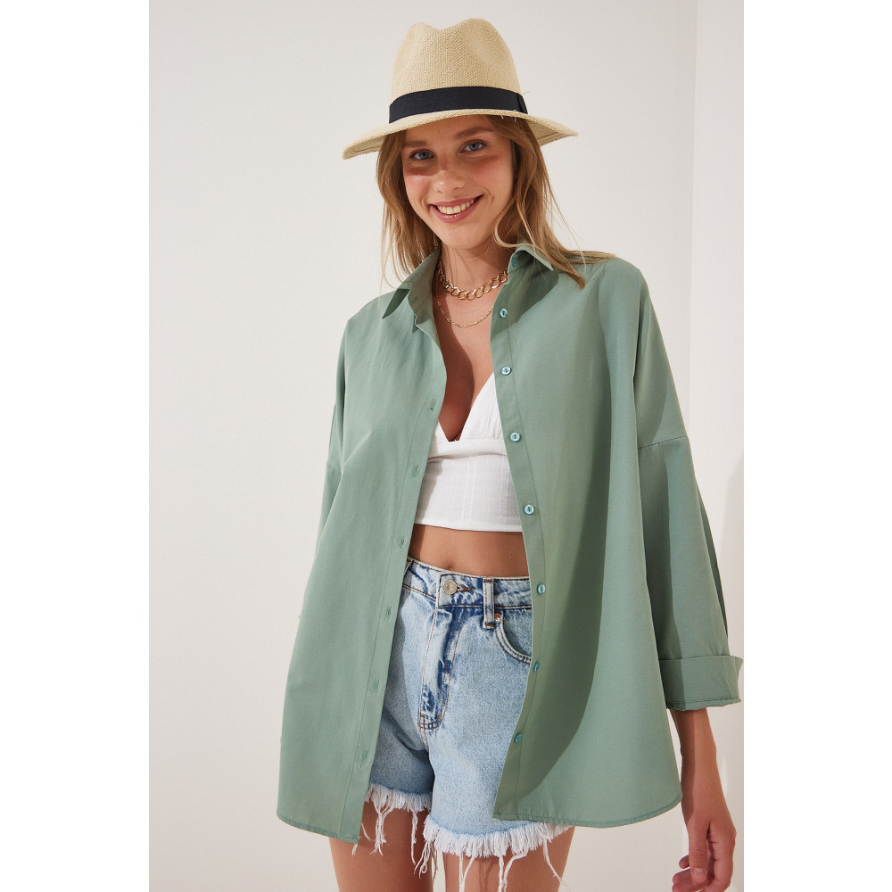 Happiness İstanbul Kadın Koyu Çağla Yeşili Oversize Uzun Basic Gömlek 40 Beden Kadın Gömlek Fiyatı