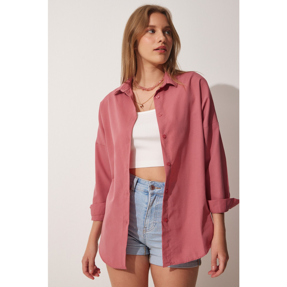 Happiness İstanbul Kadın Koyu Gül Kurusu Oversize Uzun Basic Gömlek 40 Beden Kadın Gömlek Fiyatı