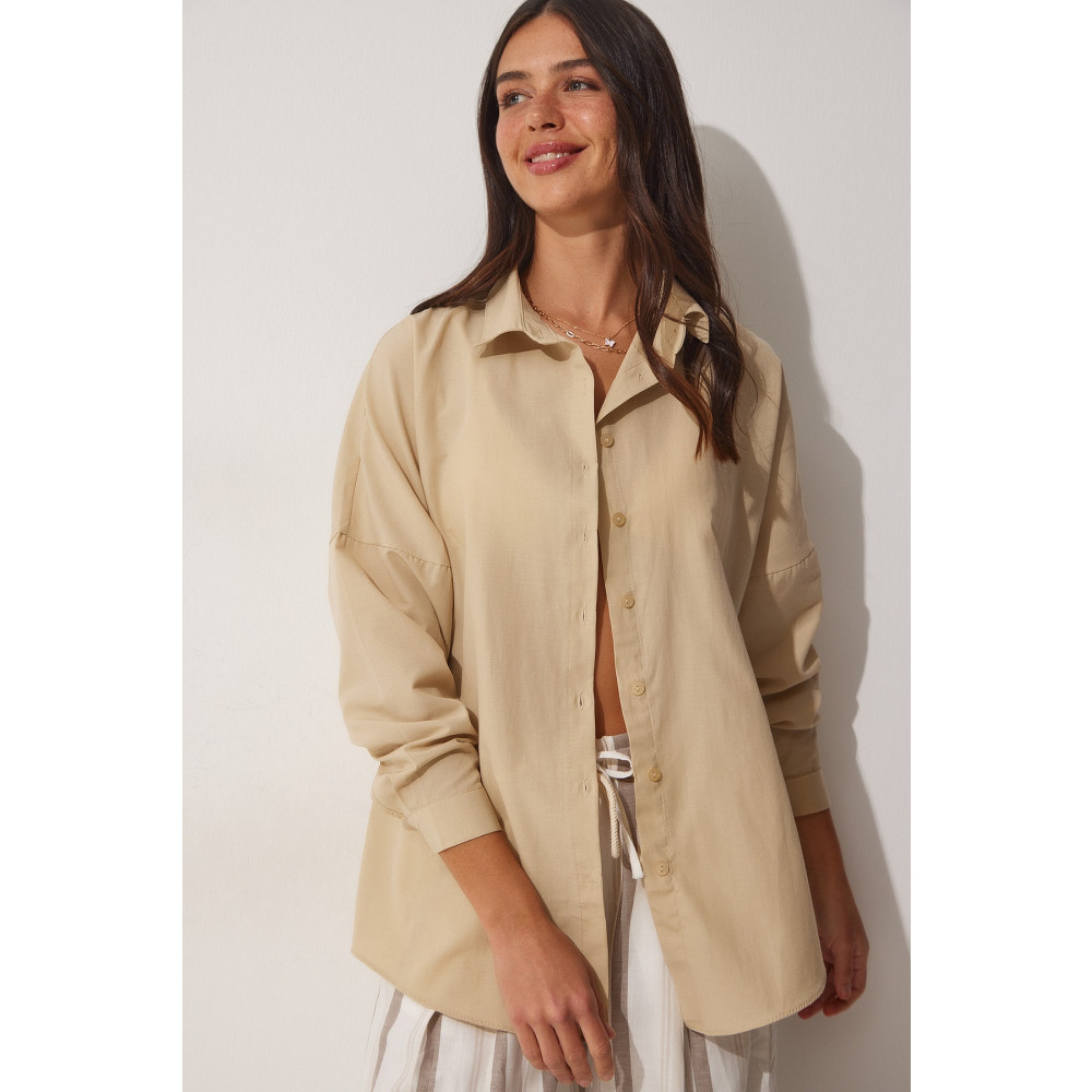 Happiness İstanbul Kadın Koyu Krem Oversize Uzun Basic Gömlek 36 Beden Kadın Gömlek Fiyatı