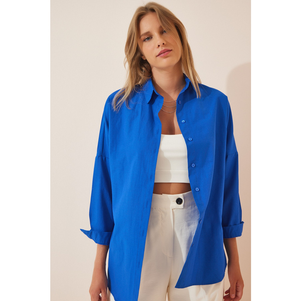Happiness İstanbul Kadın Koyu Mavi Oversize Uzun Basic Gömlek 36 Beden Kadın Gömlek Fiyatı