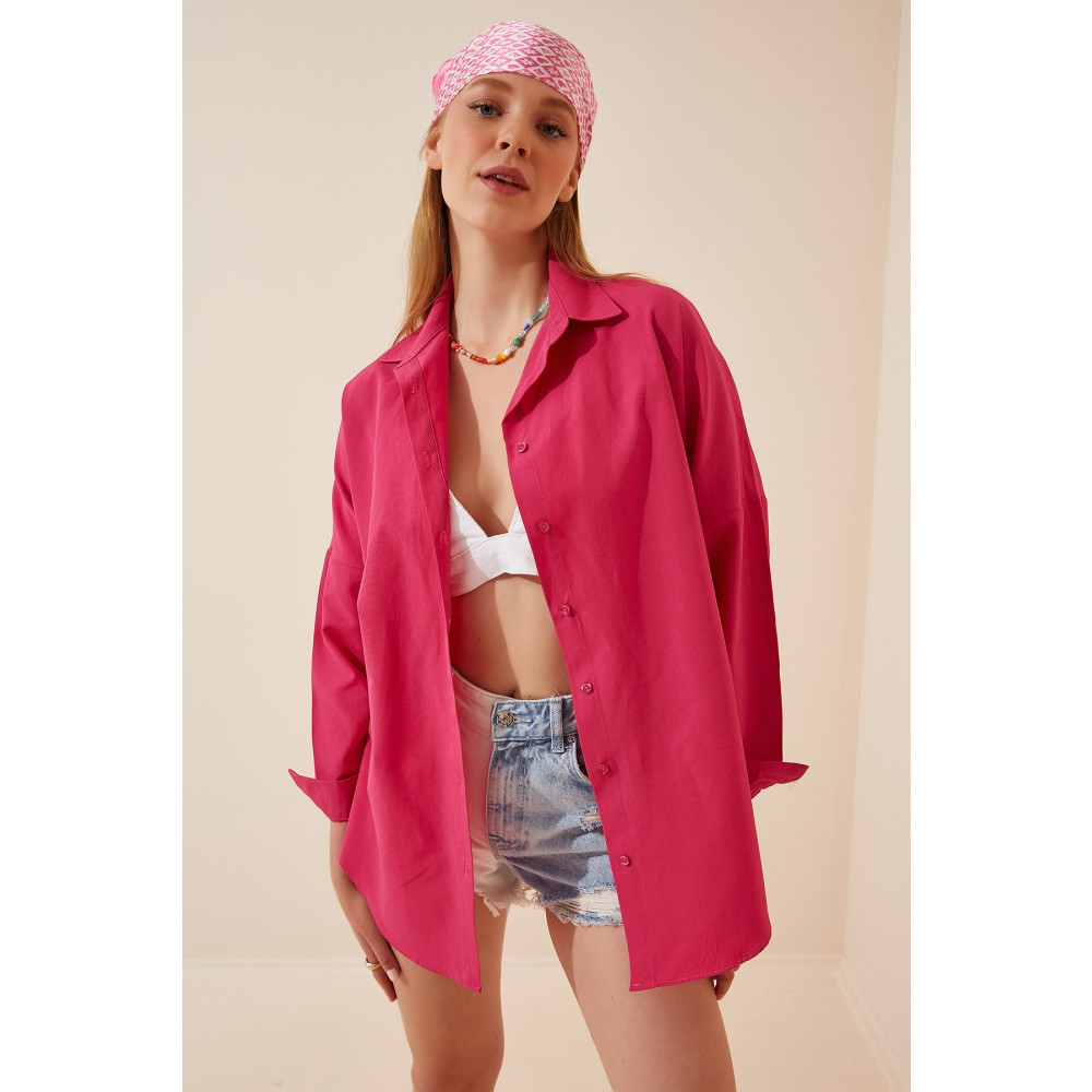 Happiness İstanbul Kadın Koyu Pembe Oversize Uzun Basic Gömlek 42 Beden Kadın Gömlek Fiyatı