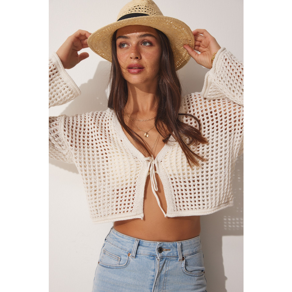 Happiness İstanbul Kadın Krem Ajurlu Crop Bolero Triko Hırka S/M Beden Kadın Hırka Fiyatı