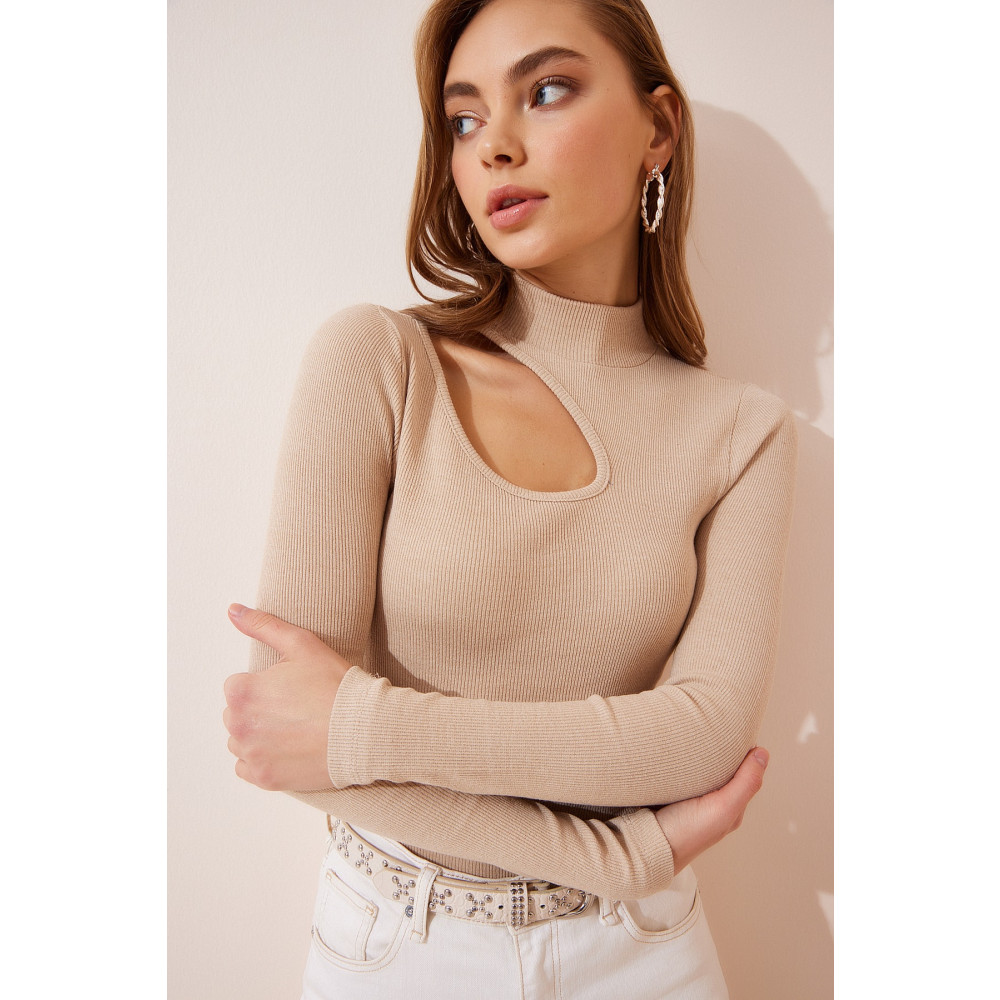Happiness İstanbul Kadın Krem Cut Out Detaylı Fitilli Örme Bluz M/L Beden Bluz Fiyatı