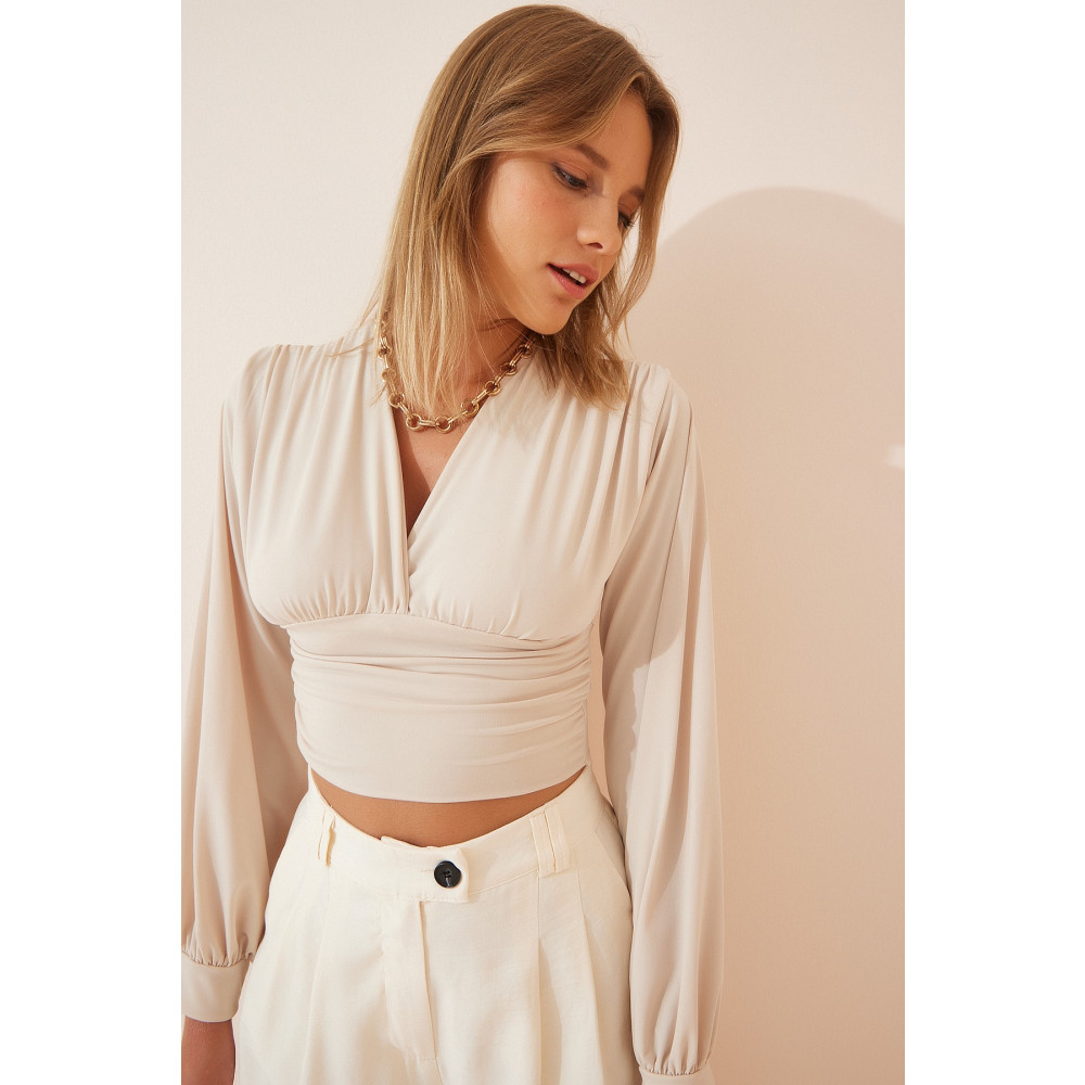 Happiness İstanbul Kadın Krem Derin V Yaka Crop Sandy Örme 36 Beden Bluz Fiyatı
