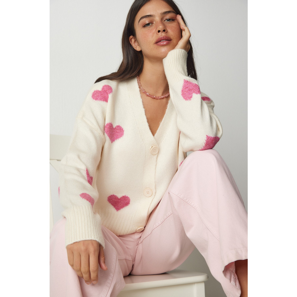 Happiness İstanbul Kadın Krem Pembe Desenli Triko Hırka S/M Beden Kadın Hırka Fiyatı