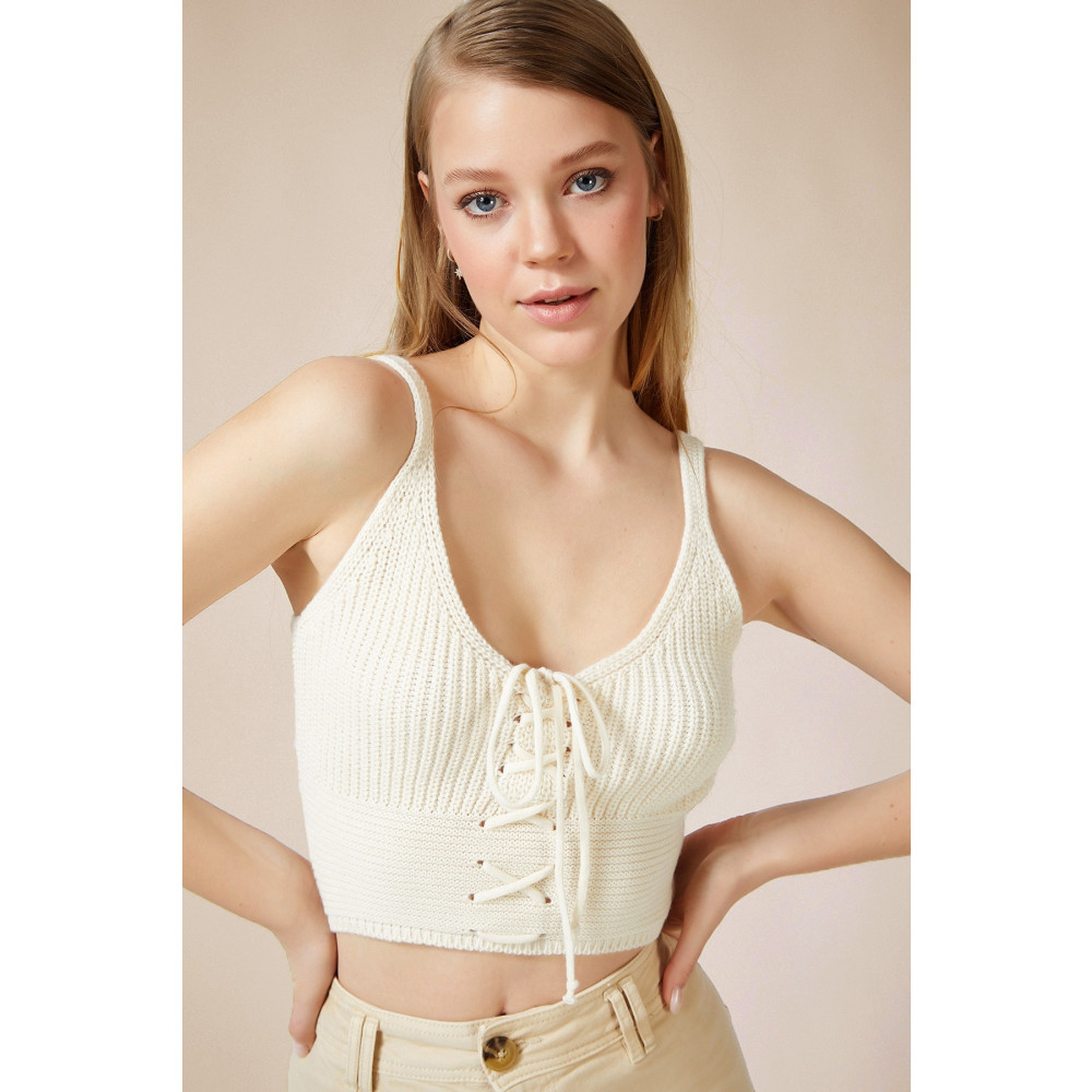 Happiness İstanbul Kadın Krem Zikzak İpli Triko Crop Bluz S/M Beden Bluz Fiyatı