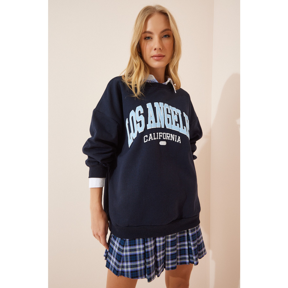 Happiness İstanbul Kadın Lacivert Baskılı Şardonlu Örme Sweatshirt 36 Beden Bayan Sweatshirt Fiyatı