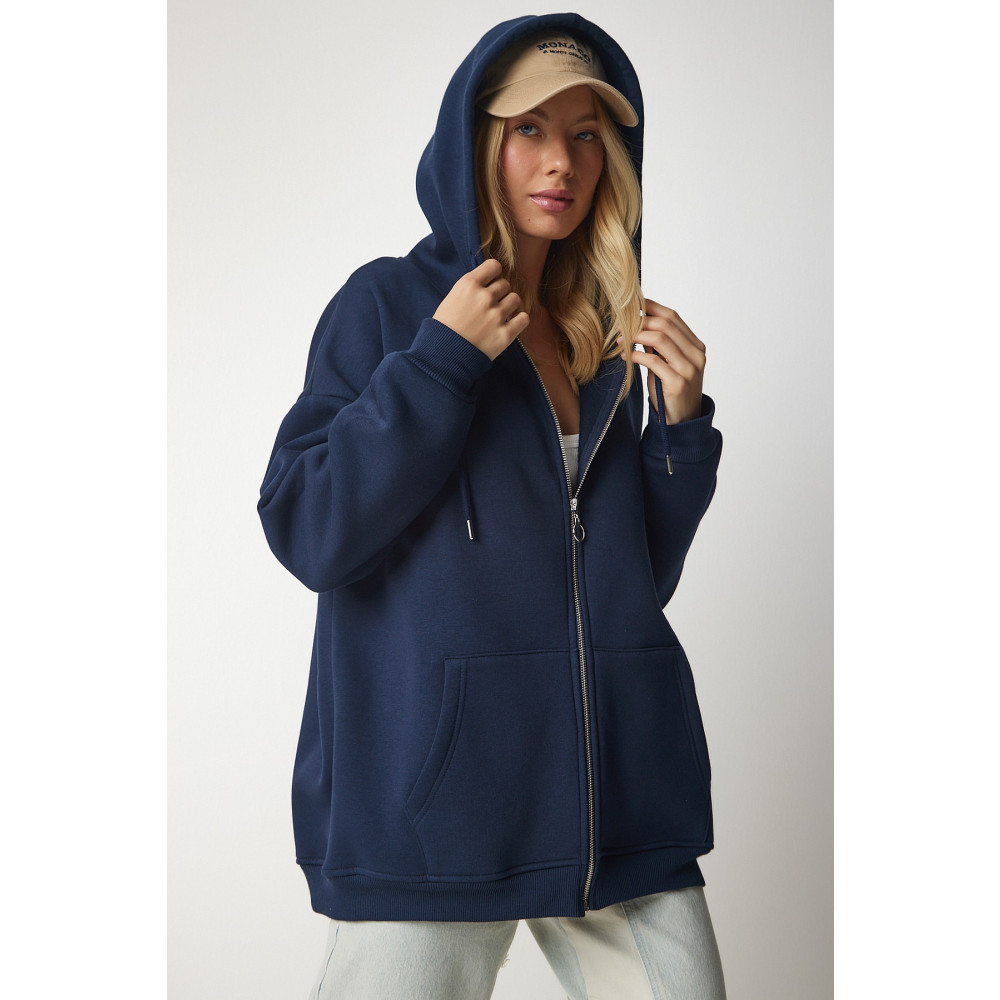 Happiness İstanbul Kadın Lacivert Kapüşonlu Fermuarlı Oversize Sweatshirt 38 Beden Bayan Sweatshirt Fiyatı