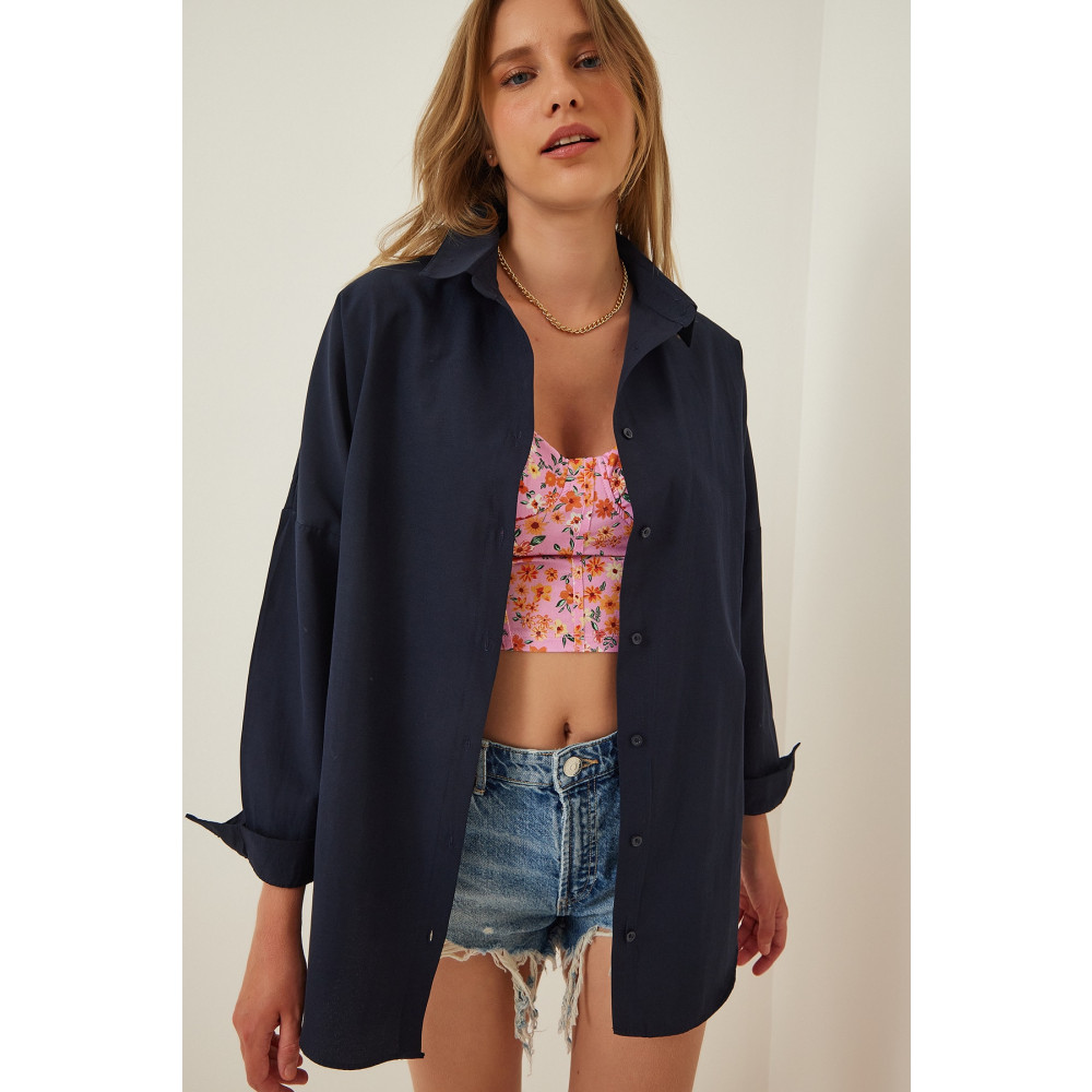 Happiness İstanbul Kadın Lacivert Oversize Uzun Basic Gömlek 3900 42 Beden Kadın Gömlek Fiyatı