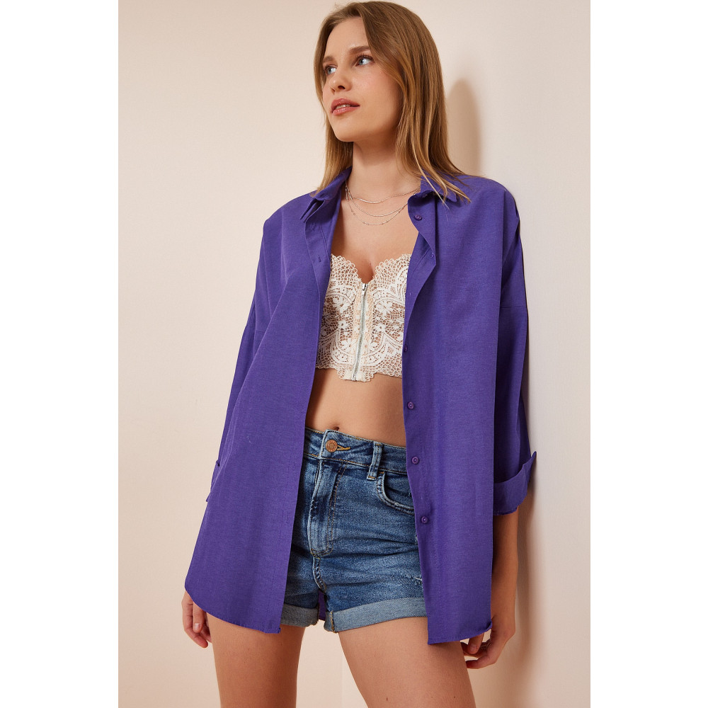 Happiness İstanbul Kadın Mor Oversize Uzun Basic Gömlek 36 Beden Kadın Gömlek Fiyatı