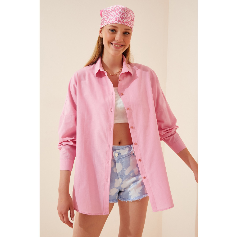 Happiness İstanbul Kadın Pembe Oversize Uzun Basic Gömlek 42 Beden Kadın Gömlek Fiyatı
