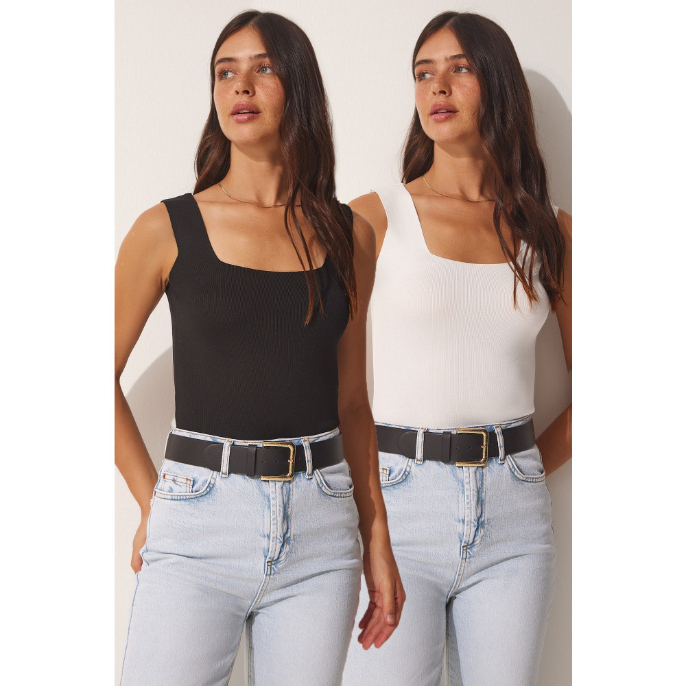 Happiness İstanbul Kadın Siyah Beyaz Kare Yaka Kalın Askılı 2li Paket Triko Bluz S/M Beden Bluz Fiyatı