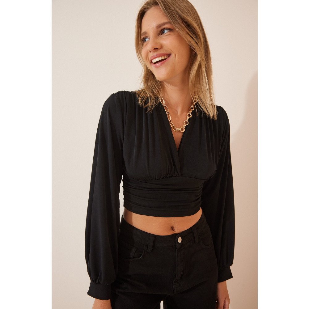 Happiness İstanbul Kadın Siyah Derin V Yaka Crop Sandy Örme 38 Beden Bluz Fiyatı