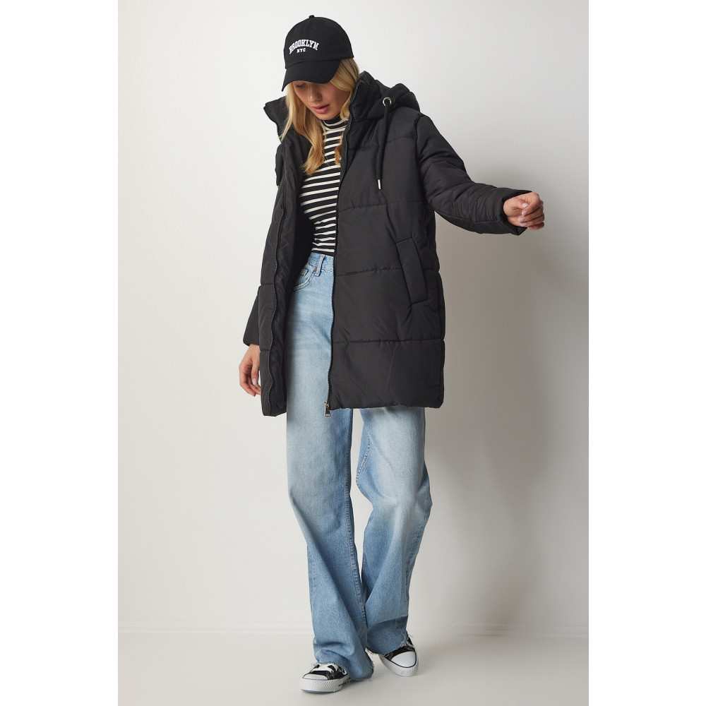 Happiness İstanbul Kadın Siyah Kapüşonlu Oversize Şişme Mont S/M Beden Bayan Mont Fiyatı