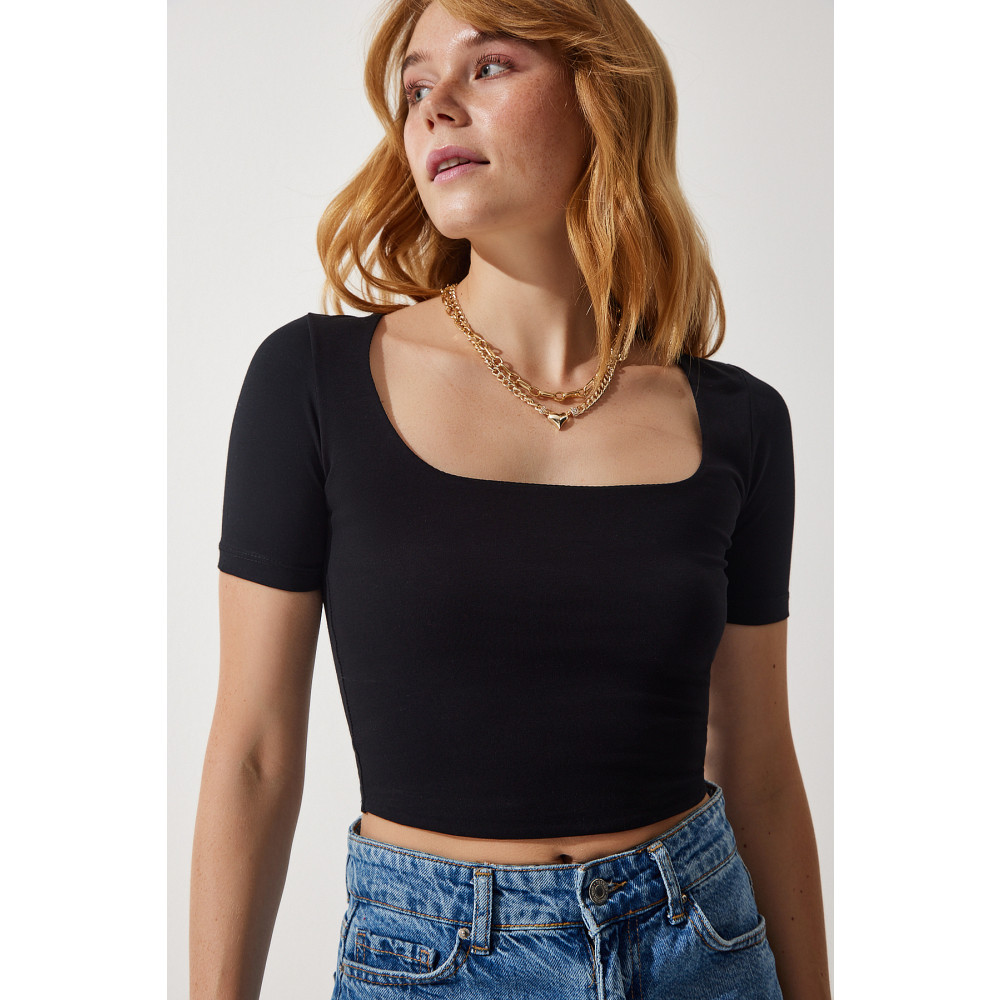 Happiness İstanbul Kadın Siyah Kare Yaka Crop Örme T-Shirt 36 Beden Bayan T-shirt Fiyatı