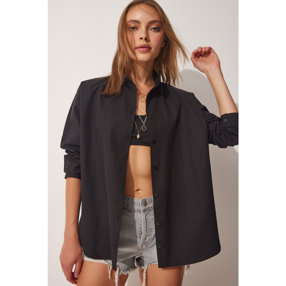Happiness İstanbul Kadın Siyah Oversize Basic Poplin Gömlek 42 Beden Kadın Gömlek Fiyatı