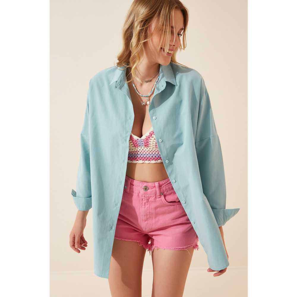 Happiness İstanbul Kadın Su Yeşili Oversize Uzun Basic Gömlek 40 Beden Kadın Gömlek Fiyatı