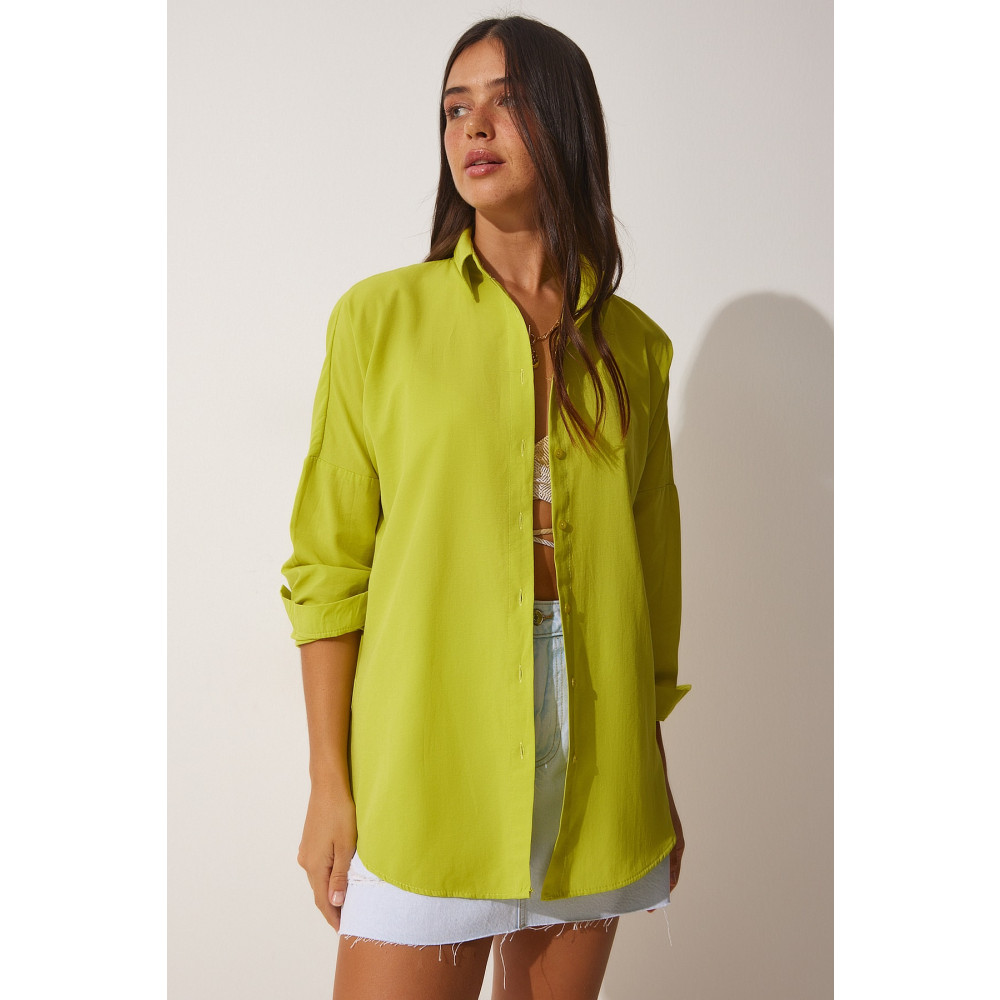 Happiness İstanbul Kadın Yağ Yeşili Oversize Uzun Basic Gömlek 36 Beden Kadın Gömlek Fiyatı