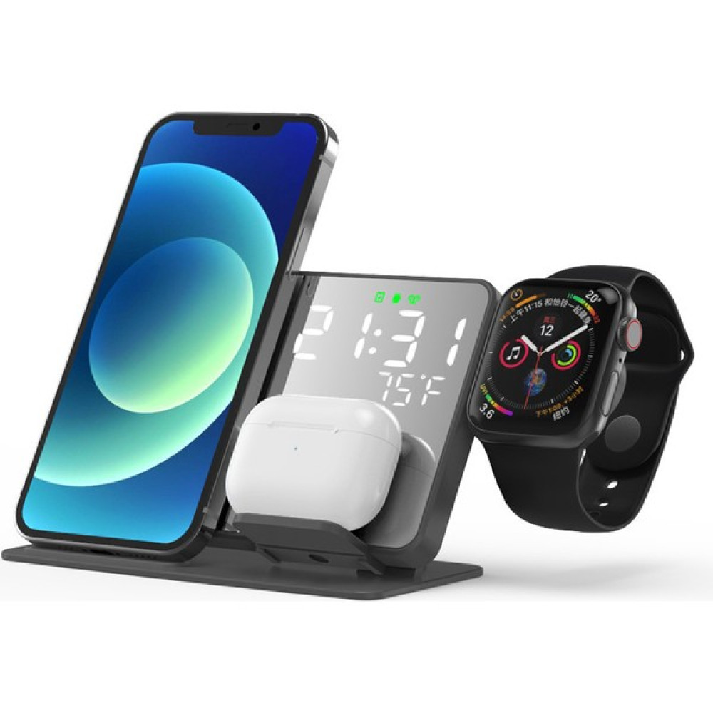 Happy World Shopping 4 In 1 Kablosuz iphone Şarj Cihazı Apple Iwatch Kulaklık Samsung Huawei 15 W Hızlı Şarj Dock İstasyonu Masaüstü LED Dijital Sa... Cep Telefonu Şarj Cihazı Fiyatı
