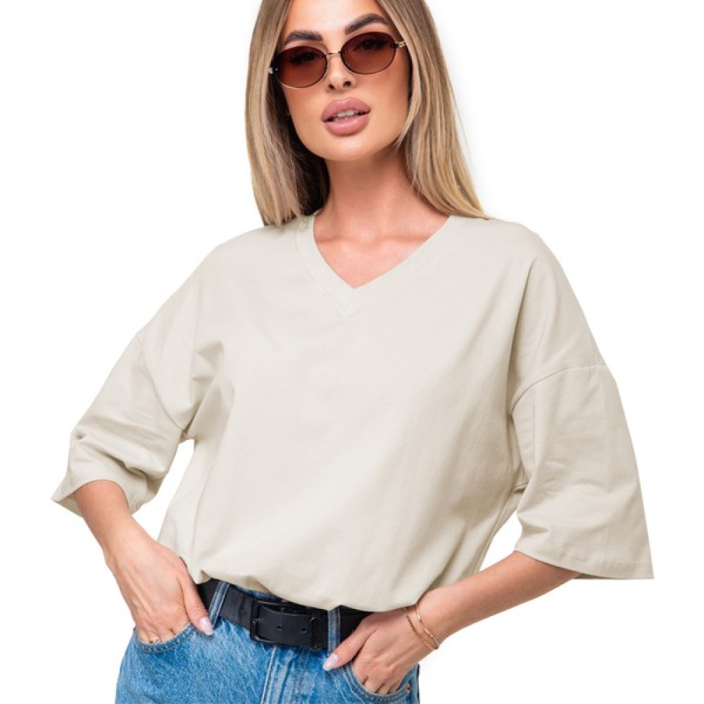 Happyfox Pamuklu Kadın V Yaka Oversize T-Shirt Bej Bayan T-shirt Fiyatı