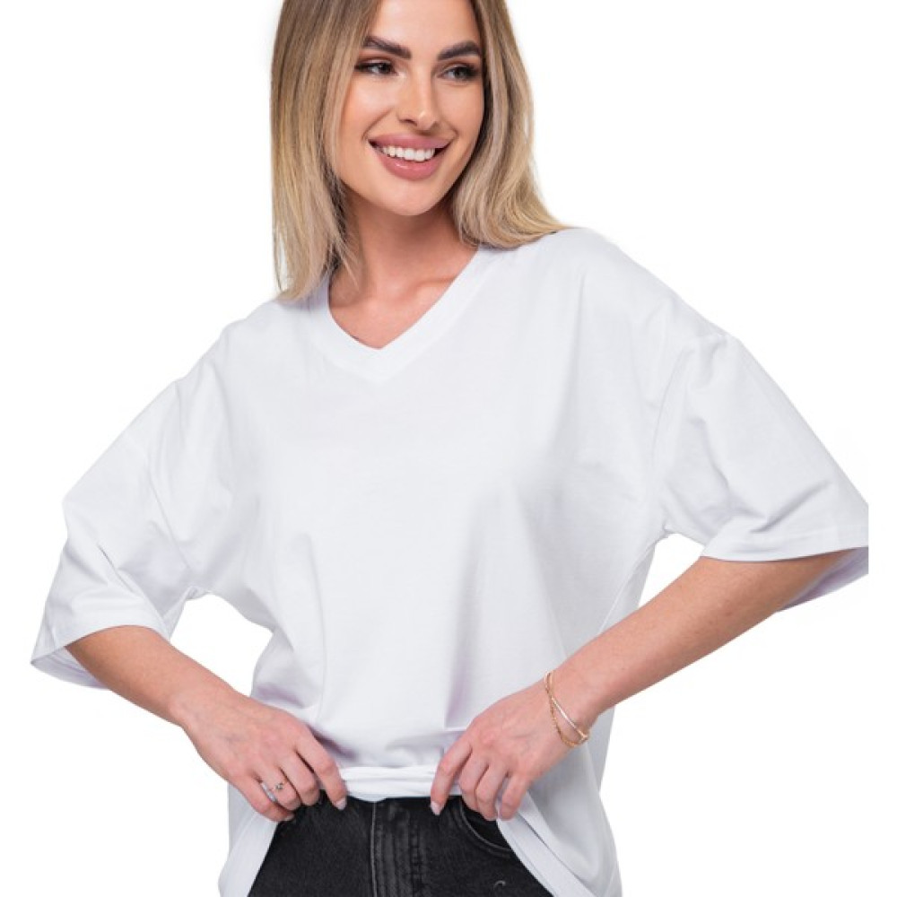 Happyfox Pamuklu Kadın V Yaka Oversize T-Shirt Beyaz Bayan T-shirt Fiyatı