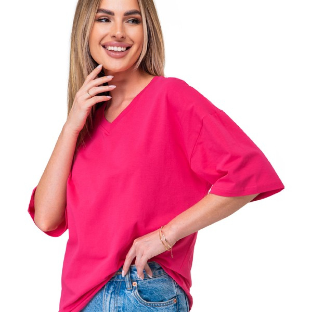 Happyfox Pamuklu Kadın V Yaka Oversize T-Shirt Fuşya Bayan T-shirt Fiyatı