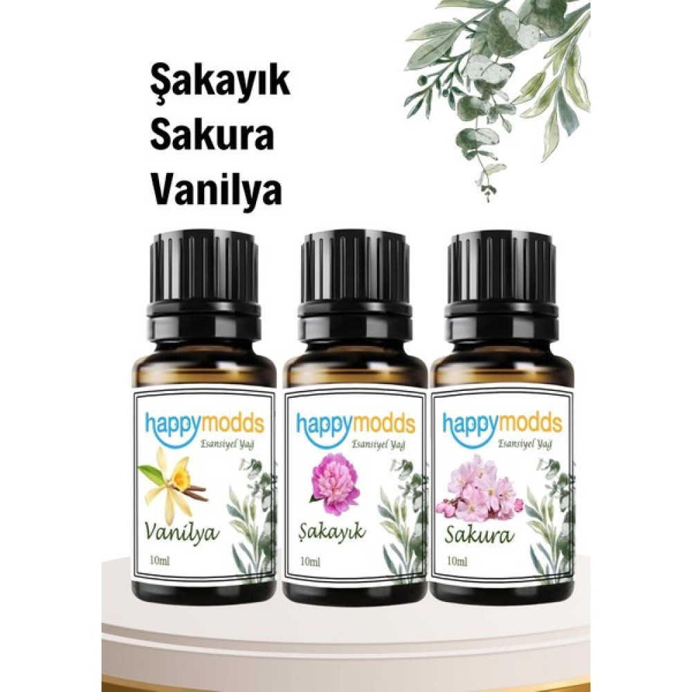 Happymodds Aromaterapi Uçucu Yağ 10 ml 3'lü Set Şakayık, Sakura, Vanilya Oda Kokusu Fiyatı