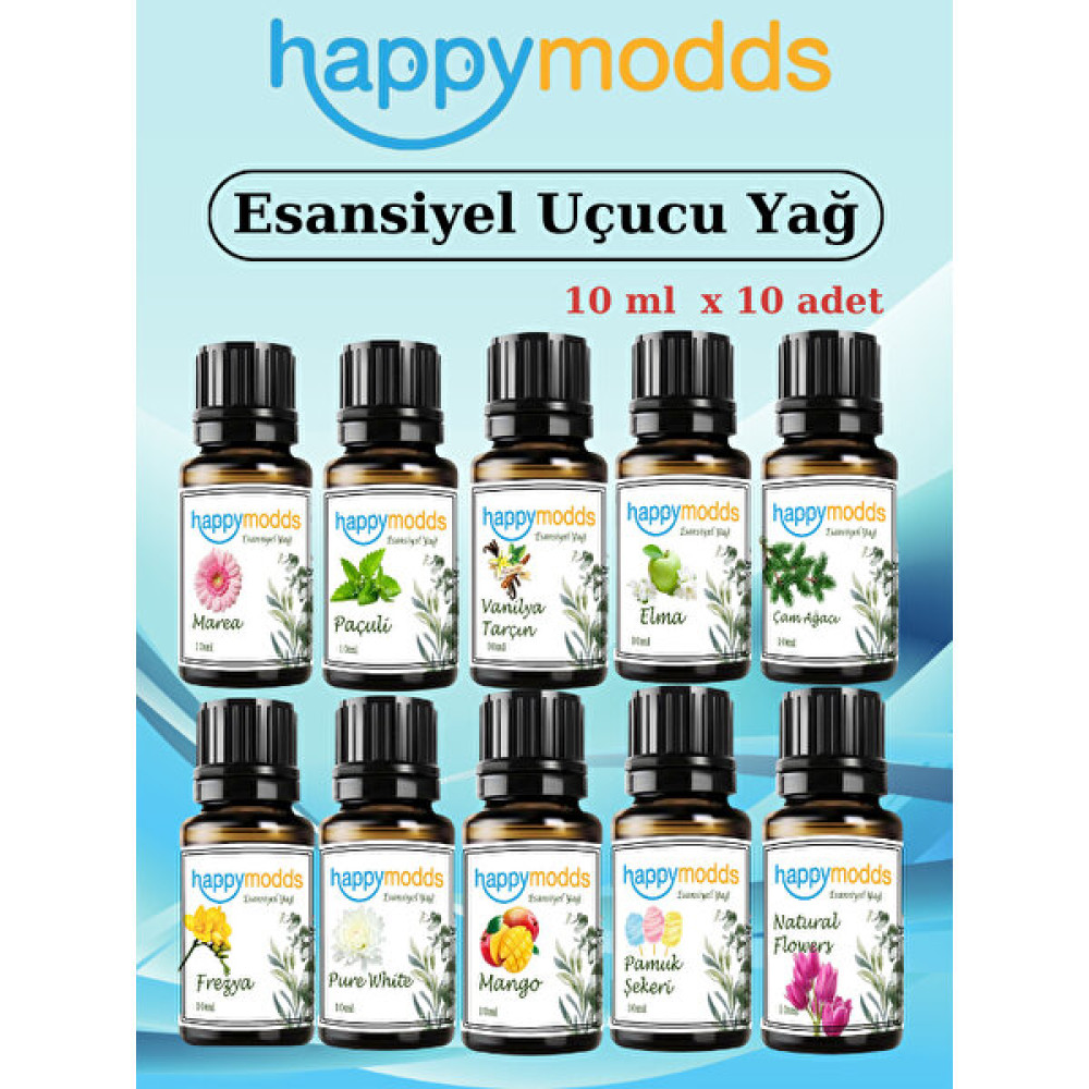 Happymodds Esansiyel Uçucu Yağ Buhurdanlık Yağı Hava Nemlendirici Aroma Difüzörü Kokusu Esans 10MLX10 Adet Set 5 Oda Kokusu Fiyatı