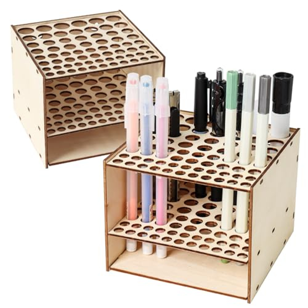 HAPY SHOP 2 Pack Wooden Paint Brush Holder 67 Holes Paintbrush Holder Stand Wood Paint Brush Rack Paintbrush Holder Organizer for Colored Pencils Paint Brushes Makeup Brushes