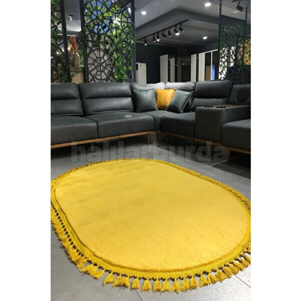 Hardal Oval Post Dokuma Halı Peluş Tavşan Tüyü Hissi Antibakteriyel Halı Yolluk - 80 x 150 cm Yolluk Fiyatı