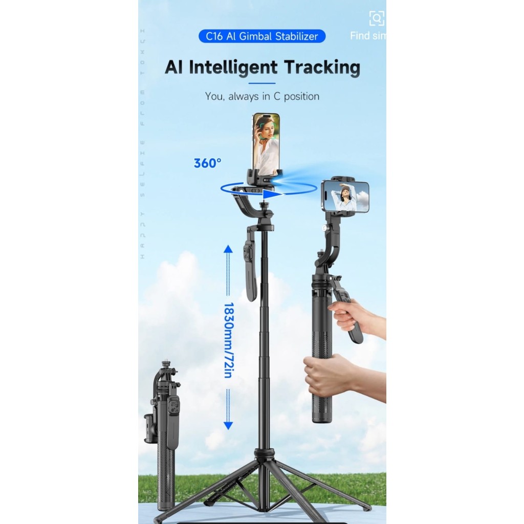 Hareket Algılama ve Yüz Takip Sistemli 183 cm Tripod 360° Dönen Uzaktan Kumandalı Selfie Çubuğu ve Gimbal - Siyah Diğer Fiyatı