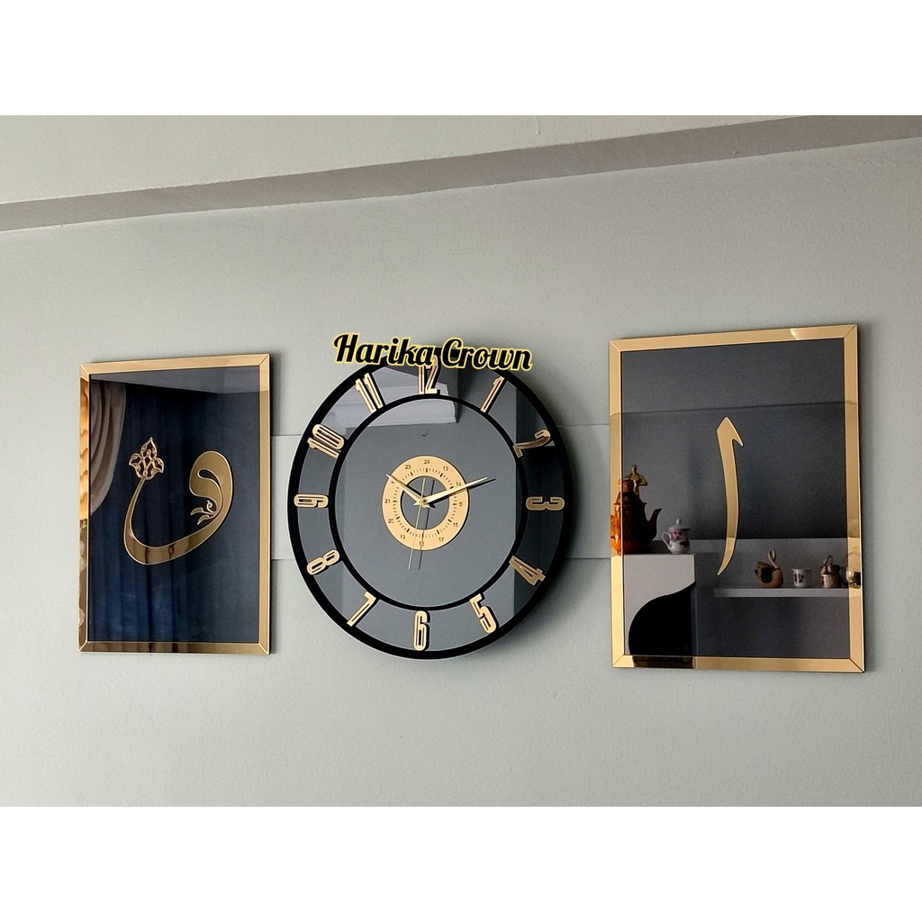 Harika Crown Gold Renkli Aynalı Model 2'li Elif-Vav Tablo ve Saat Seti 3 Parçalı Dekoratif Kanvas Tablo Fiyatı