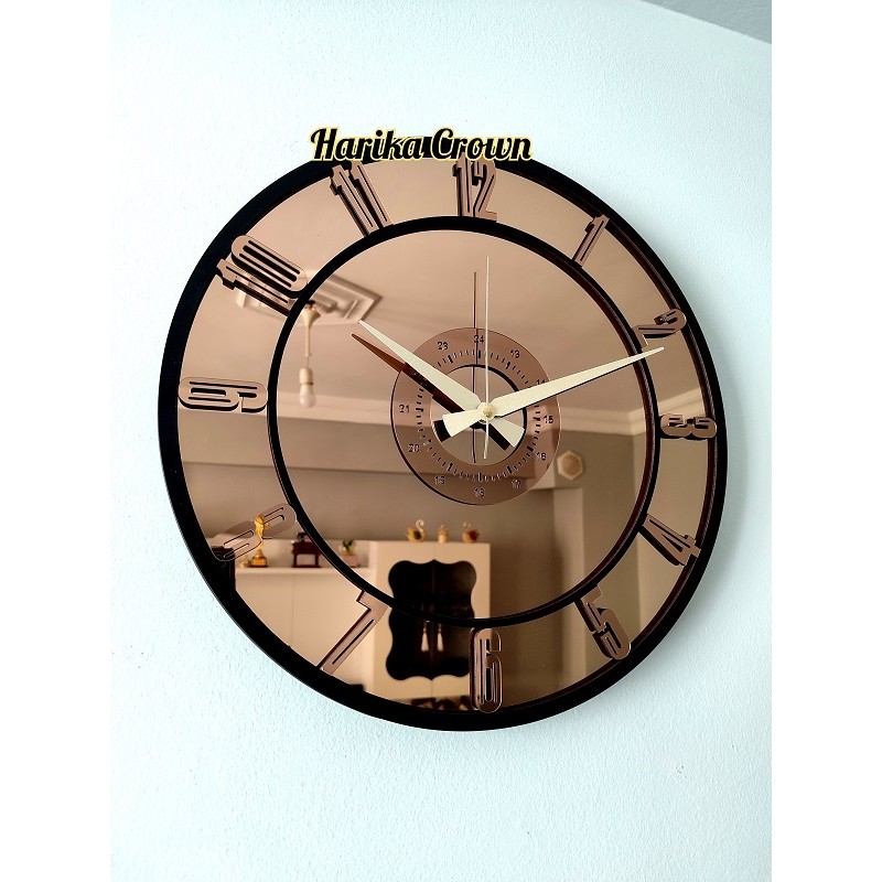 Harika Crown Modern Tasarımlı 40 Cm Yuvarlak Duvar Saati Ahşap ve Gerçek Ayna Malzeme Duvar Saati Fiyatı