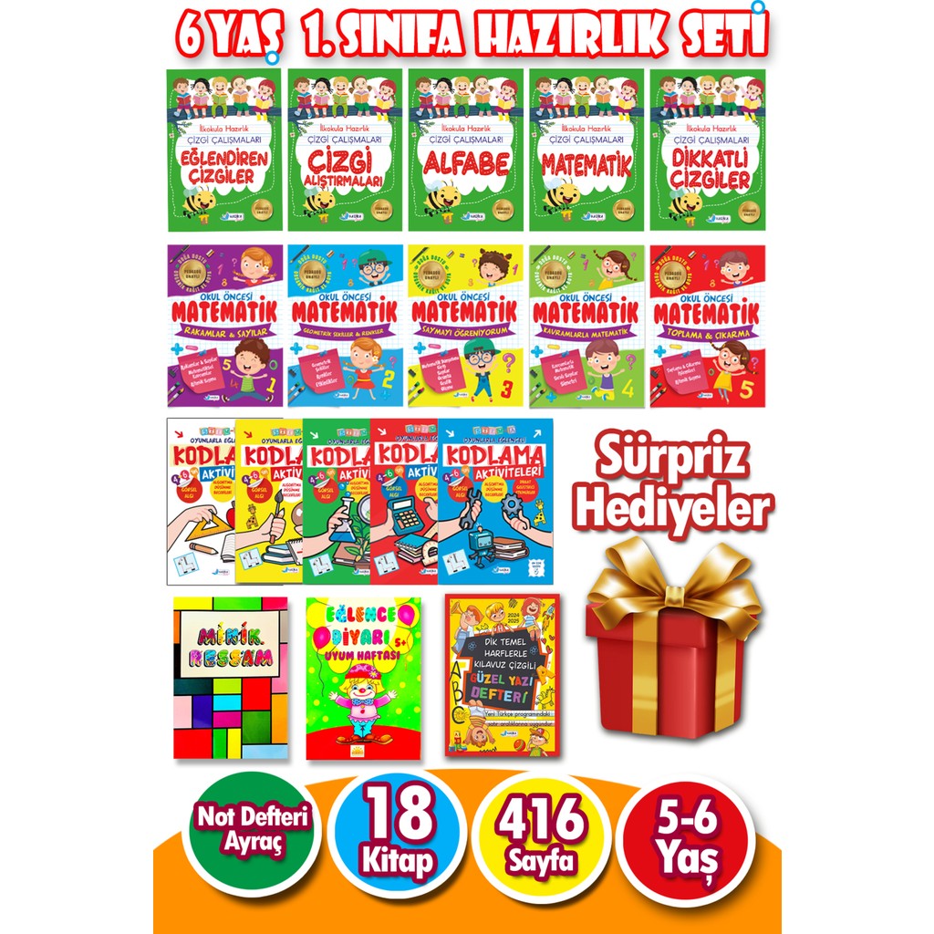 Harika Kitap 6 Yaş 1. Sınıfa Hazırlık Seti - Ciltsiz 400 Sayfa Çizgi Çalışmaları ve Matematik Kodlama Seti Diğer Fiyatı