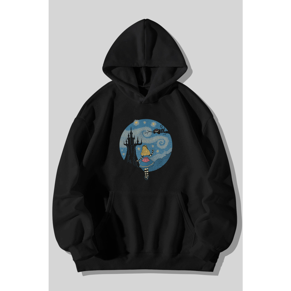 Harmandar Yıldızlı Gece Alice Baskılı Unisex Siyah Kanguru Cepli Kapüşonlu Sweatshirt Hoodie XL Beden Bayan Sweatshirt Fiyatı