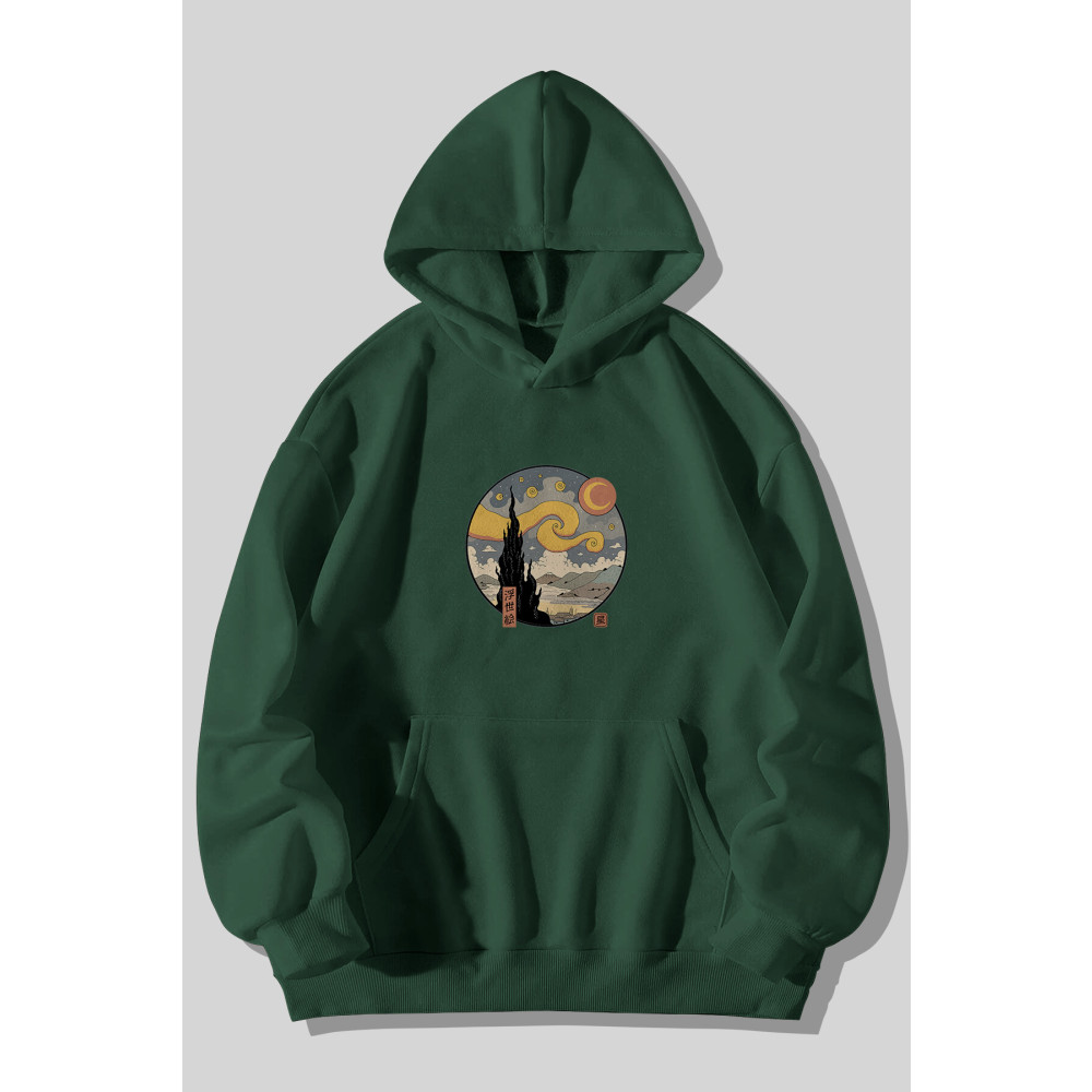 Harmandar Yıldızlı Gece Baskılı 3 Iplik Kalın Pofuduk Unisex Yeşil Kanguru Cepli Kapüşonlu Sweatshirt Hoodie S Beden Bayan Sweatshirt Fiyatı