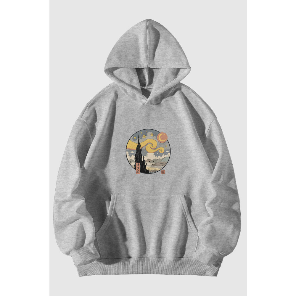 Harmandar Yıldızlı Gece Baskılı Unisex Gri Kanguru Cepli Kapüşonlu Sweatshirt Hoodie M Beden Bayan Sweatshirt Fiyatı