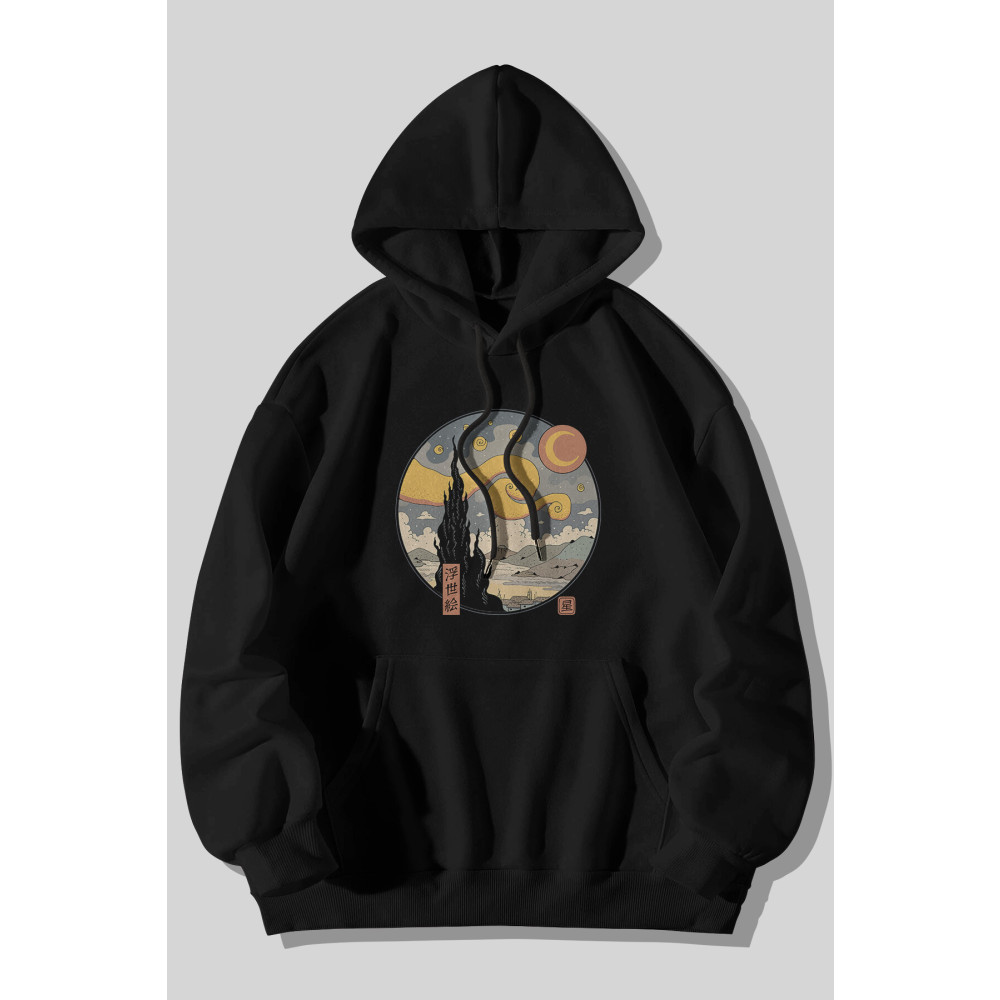 Harmandar Yıldızlı Gece Baskılı Unisex Siyah Kanguru Cepli Kapüşonlu Sweatshirt Hoodie S Beden Bayan Sweatshirt Fiyatı
