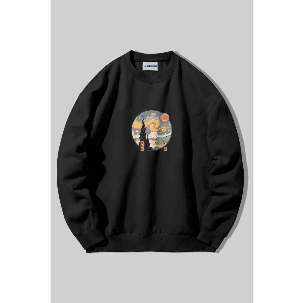 Harmandar Yıldızlı Gece Baskılı Unisex Siyah Kapüşonsuz Bisiklet Yaka Sweatshirt Hoodie XL Beden Bayan Sweatshirt Fiyatı