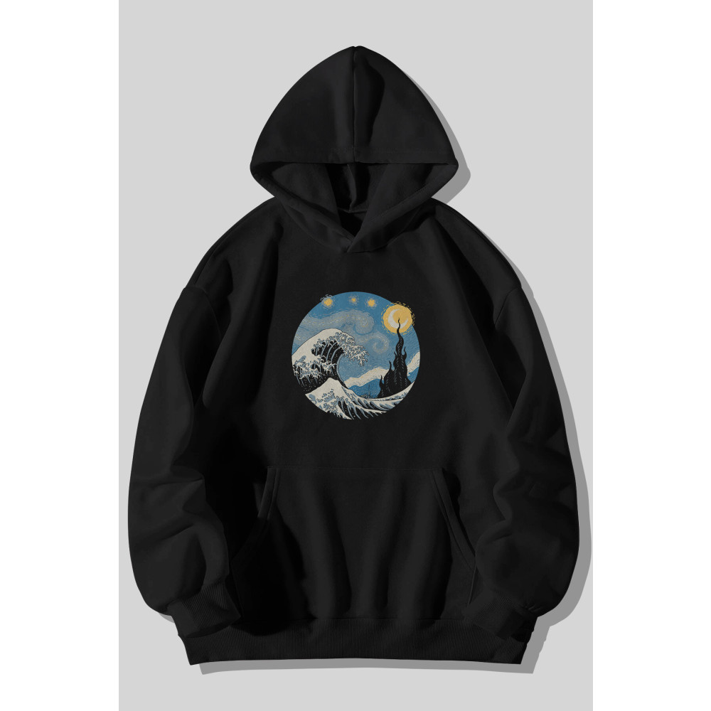 Harmandar Yıldızlı Gece Wave - Dalga Baskılı Unisex Siyah Kanguru Cepli Kapüşonlu Sweatshirt Hoodie S Beden Bayan Sweatshirt Fiyatı