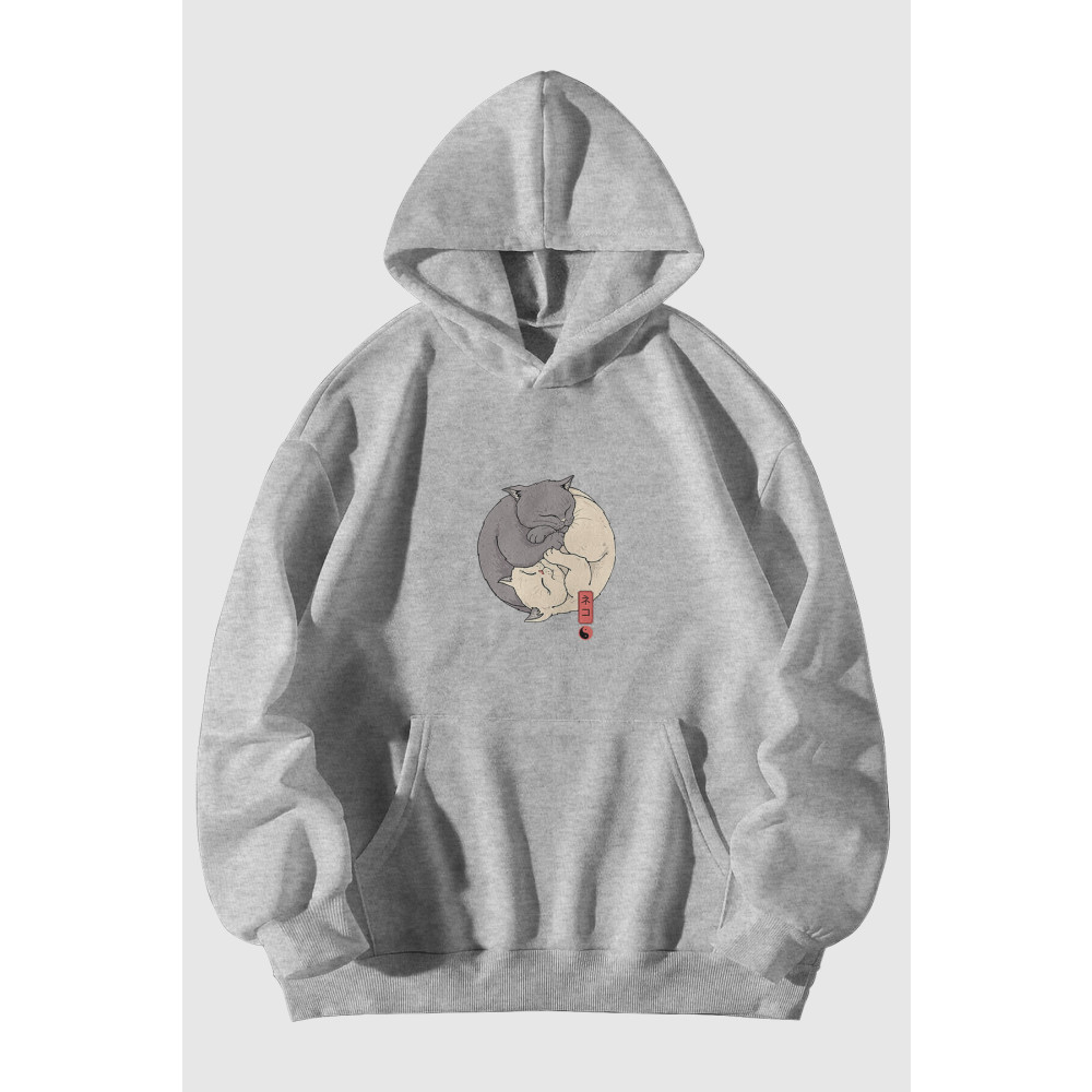 Harmandar Ying Yang Kedi Baskılı Unisex Gri Kanguru Cepli Kapüşonlu Sweatshirt Hoodie XL Beden Bayan Sweatshirt Fiyatı