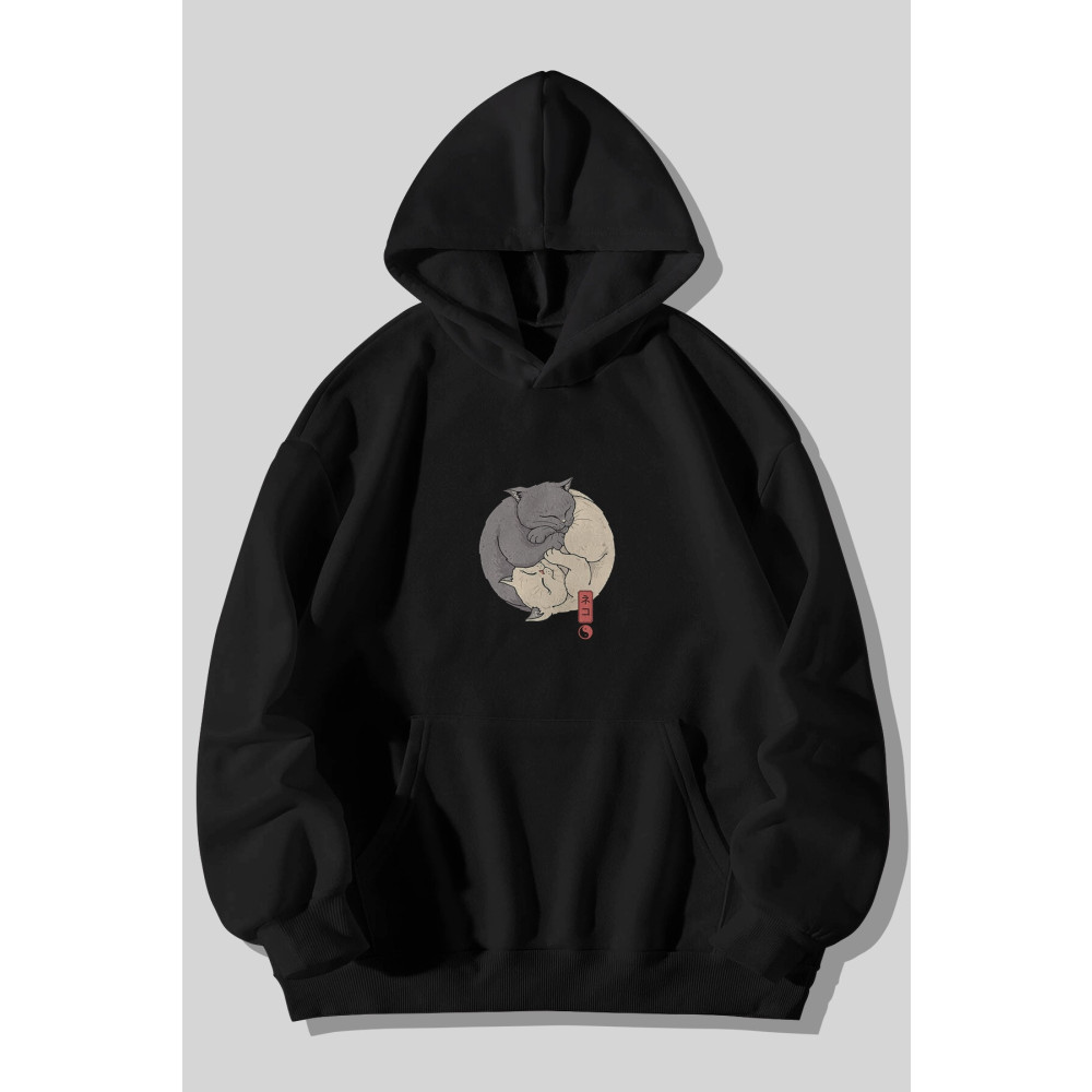 Harmandar Ying Yang Kedi Baskılı Unisex Siyah Kanguru Cepli Kapüşonlu Sweatshirt Hoodie S Beden Bayan Sweatshirt Fiyatı