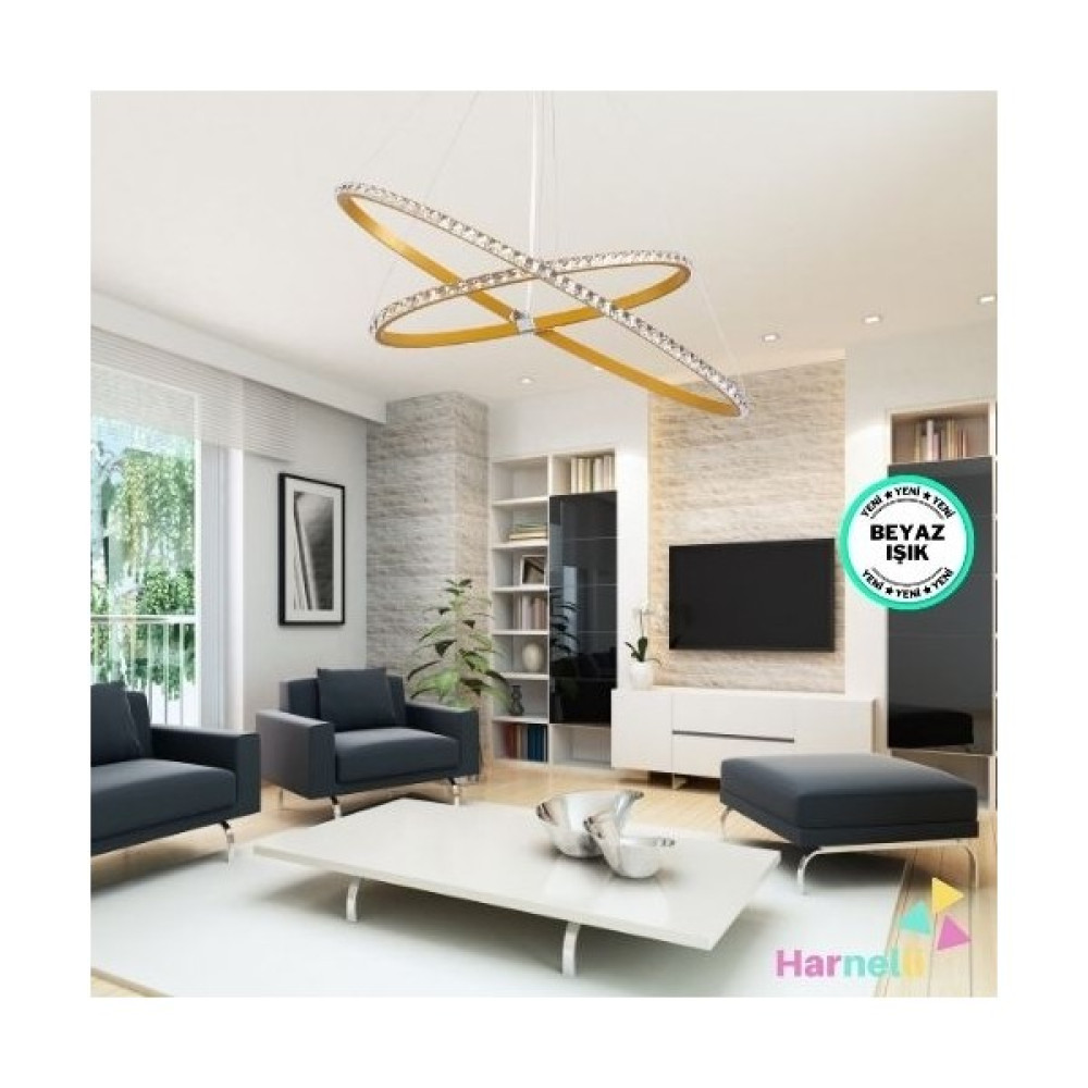 Harnelli Elips Kasa Crystal Taşlı Beyaz Ledli Avize - Eskitme - Gold Avize Fiyatı