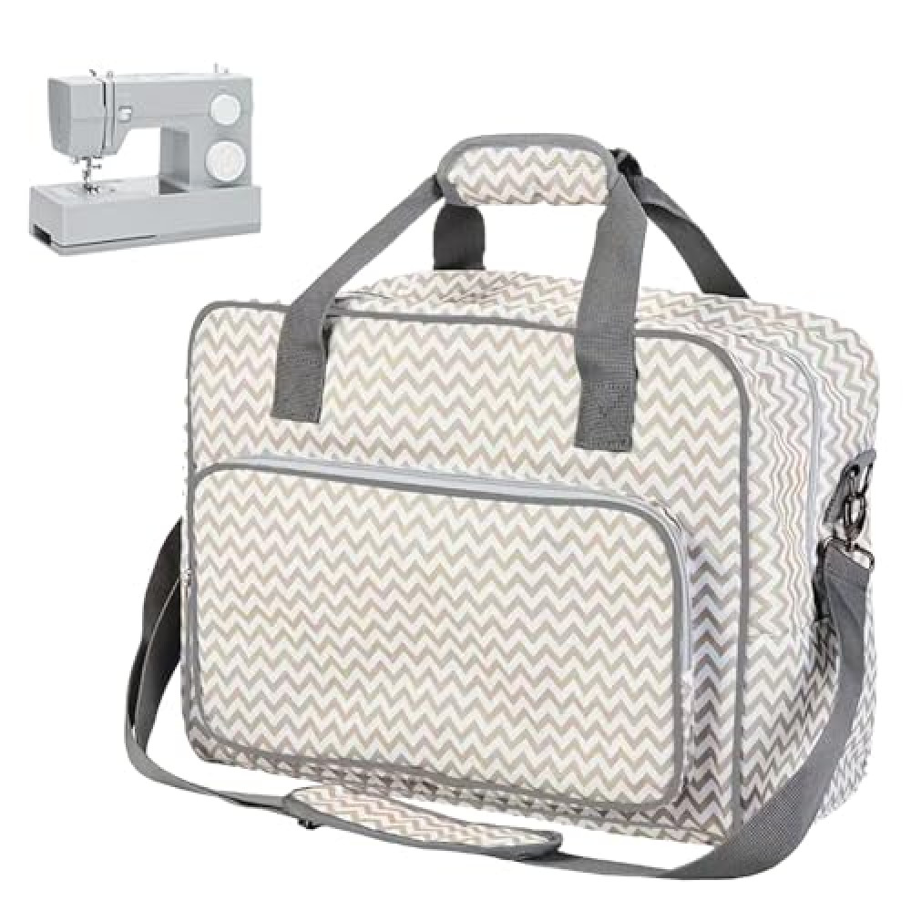Haroranax Sewing Machine Carrying Case - Multi-Pocket Storage Bag with Adjustable Shoulder Strap, Fits Most 15-18 Inch Machines, Water-Resistant Oxford Fabric (White stripe)