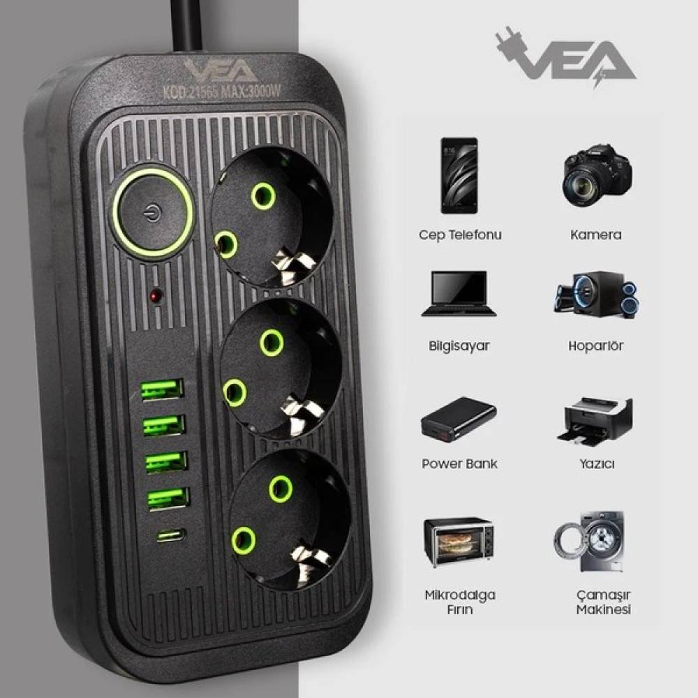 Harry Vea 3'lü 1.5 Metre Kablolu 4 Usb'li+ Type-C Akım Korumalı Priz Bakır Kablo Harici Güç Anahtarı - Siyah Prizler Fiyatı