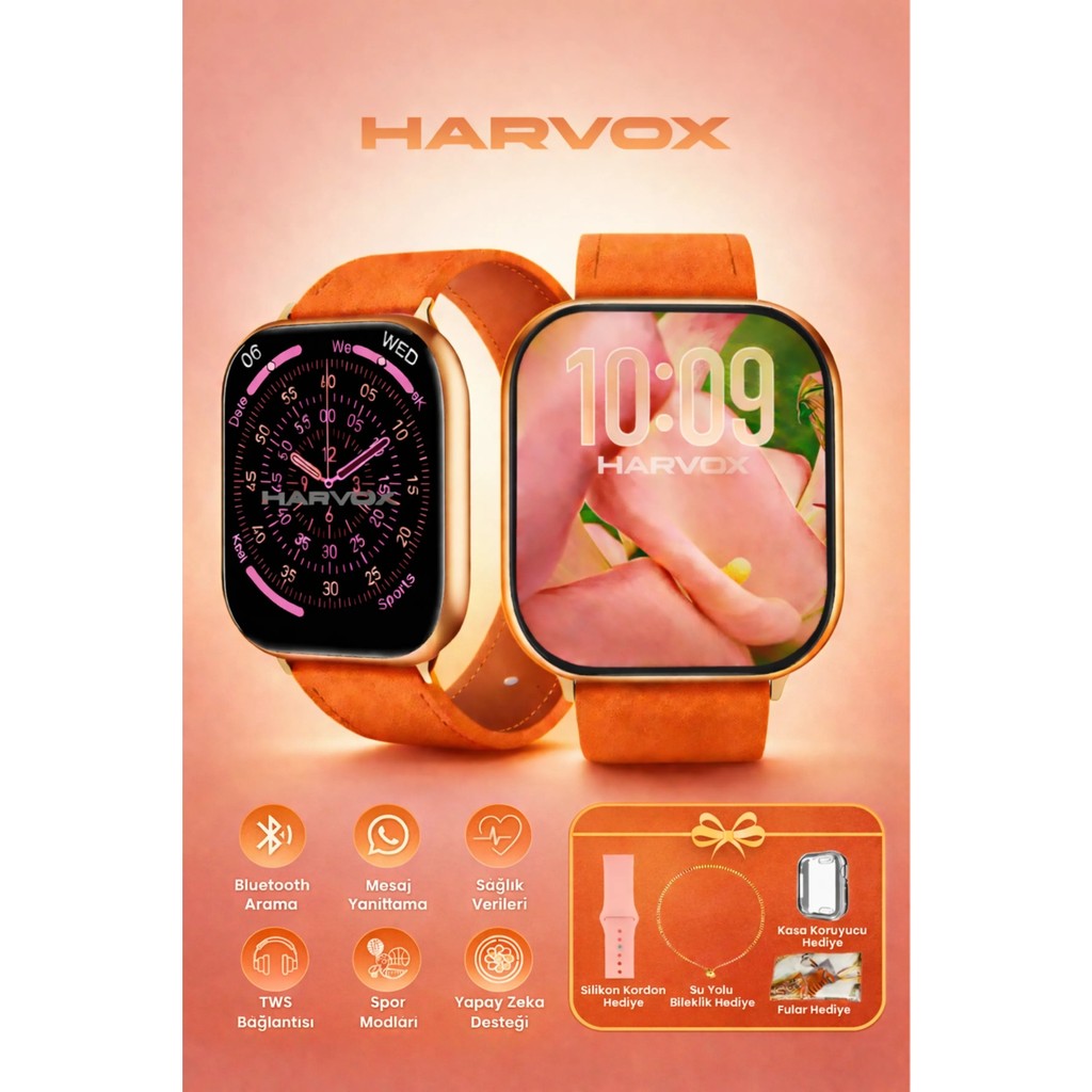Harvox 11 Mini Akıllı Saat Hediye Dolu Kutu Içeriği 2 Kordon Bileklik ve Fular Hediyeli - Turuncu Akıllı Saat Aksesuarı Fiyatı